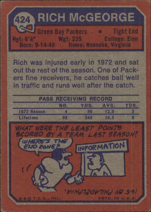 1973 Topps #424 Rich McGeorge back image