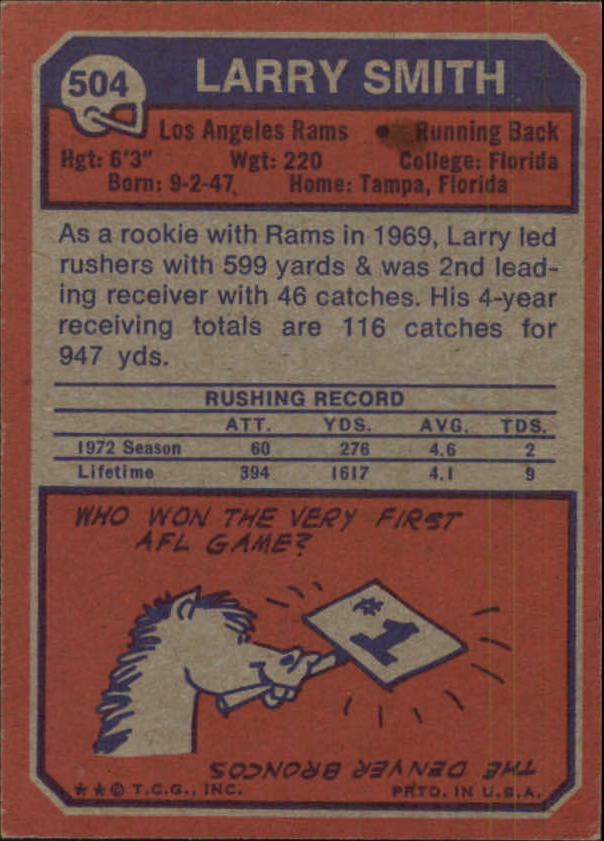 1973 Topps #504 Larry Smith RB RC back image