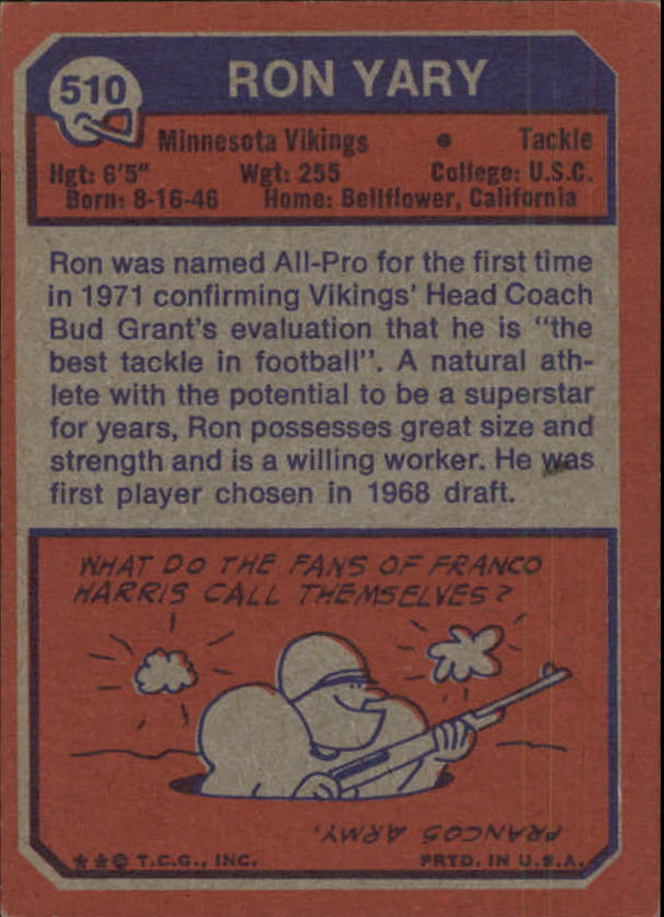1973 Topps #510 Ron Yary back image