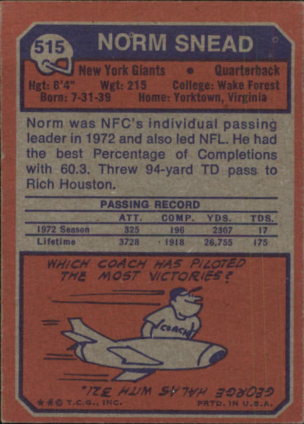 1973 Topps #515 Norm Snead back image