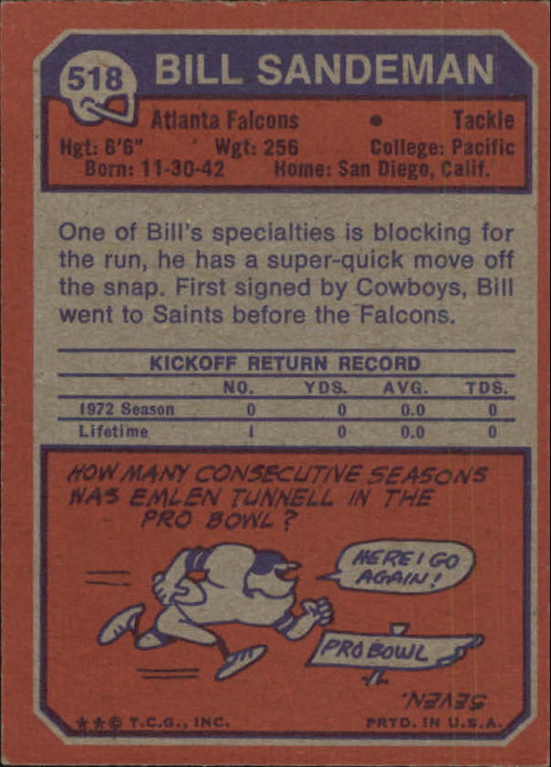1973 Topps #518 Bill Sandeman UER RC/(Should be a period/between run and he/instead of a comma) back image