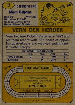 1974 Topps #12 Vern Den Herder RC back image