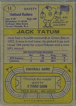 1974 Topps #14 Jack Tatum back image