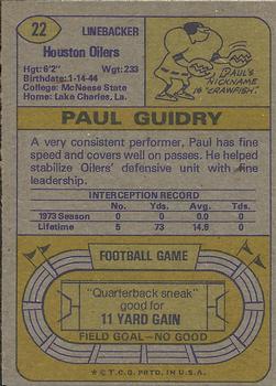 1974 Topps #22 Paul Guidry back image