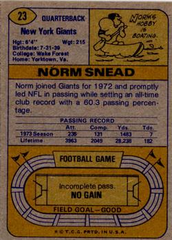 1974 Topps #23 Norm Snead/(Horizontal pose) back image