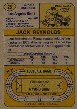 1974 Topps #25 Jack Reynolds RC back image