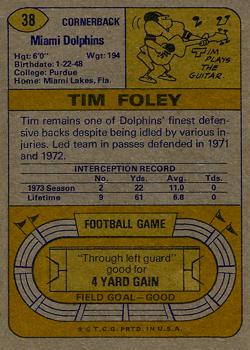 1974 Topps #38 Tim Foley back image