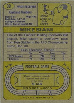 1974 Topps #39 Mike Siani back image