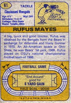 1974 Topps #61 Rufus Mayes back image