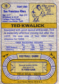 1974 Topps #78 Ted Kwalick back image