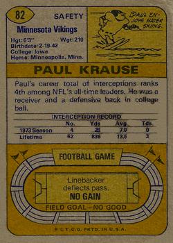 1974 Topps #82 Paul Krause back image