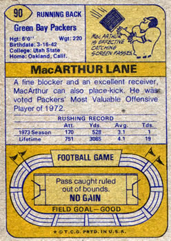 1974 Topps #90 MacArthur Lane back image