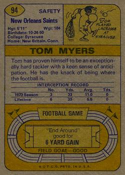 1974 Topps #94 Tom Myers RC back image