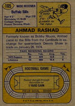 1974 Topps #105 Ahmad Rashad RC back image
