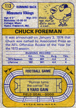 1974 Topps #113 Chuck Foreman RC back image