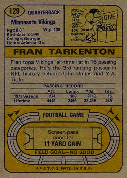 1974 Topps #129 Fran Tarkenton AP back image