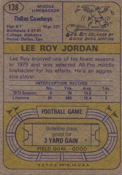1974 Topps #138 Lee Roy Jordan AP back image