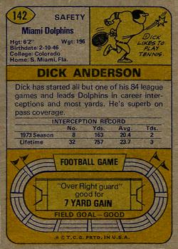 1974 Topps #142 Dick Anderson AP back image
