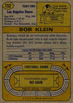 1974 Topps #152 Bob Klein RC back image