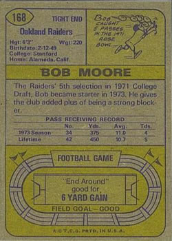 1974 Topps #168 Bob Moore RC back image