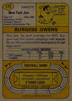 1974 Topps #175 Burgess Owens RC back image
