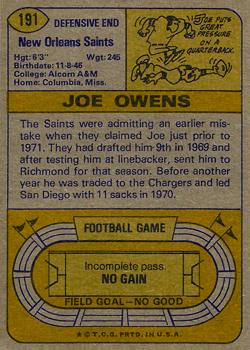 1974 Topps #191 Joe Owens RC back image