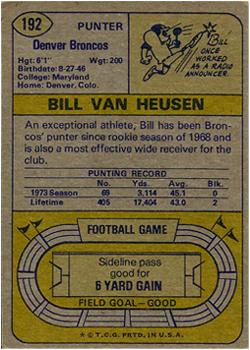1974 Topps #192 Bill Van Heusen back image