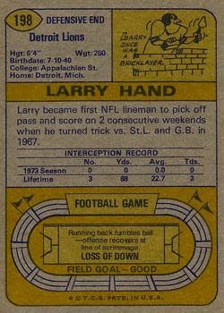 1974 Topps #198 Larry Hand back image