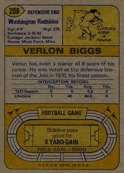 1974 Topps #208 Verlon Biggs back image