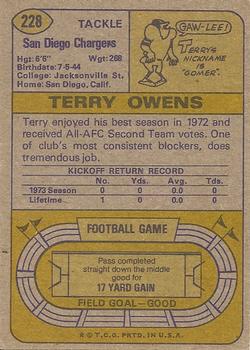 1974 Topps #228 Terry Owens back image