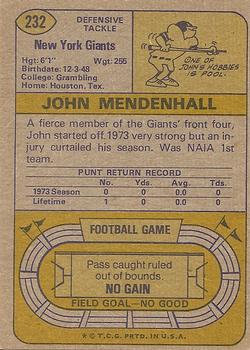 1974 Topps #232 John Mendenhall RC back image