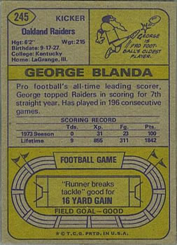 1974 Topps #245 George Blanda back image