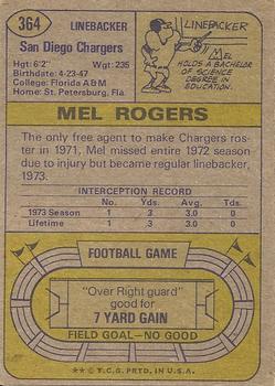 1974 Topps #364 Mel Rogers RC back image