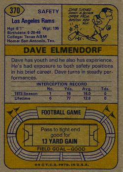 1974 Topps #370 Dave Elmendorf back image