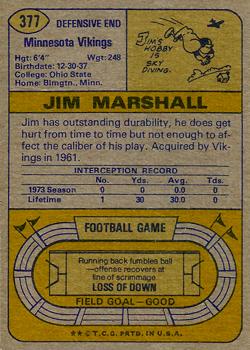 1974 Topps #377 Jim Marshall back image