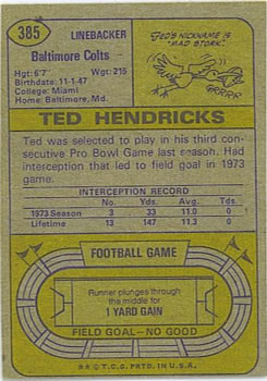 1974 Topps #385 Ted Hendricks back image