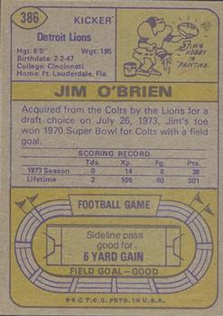 1974 Topps #386 Jim O'Brien back image