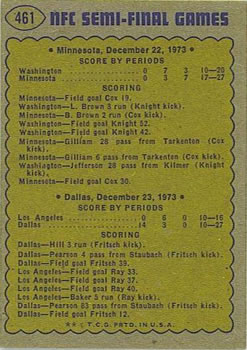 1974 Topps #461 NFC Semi-Finals/Vikings 27;/Redskins 20/Cowboys 27;/Rams 16/(Staubach) back image