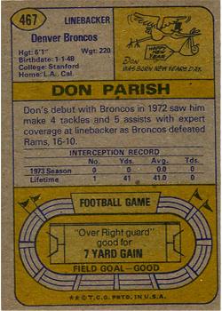 1974 Topps #467 Don Parish RC back image