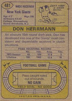 1974 Topps #481 Don Herrmann back image