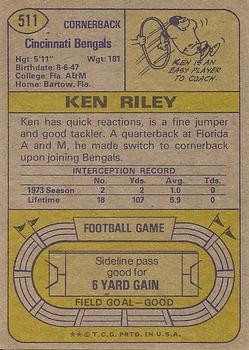 1974 Topps #511 Ken Riley back image