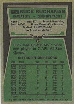 1975 Topps #16 Buck Buchanan back image