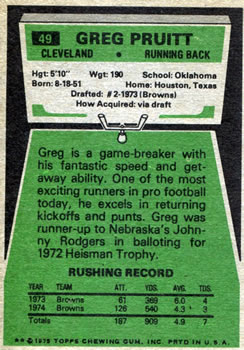 1975 Topps #49 Greg Pruitt back image