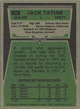 1975 Topps #70 Jack Tatum back image