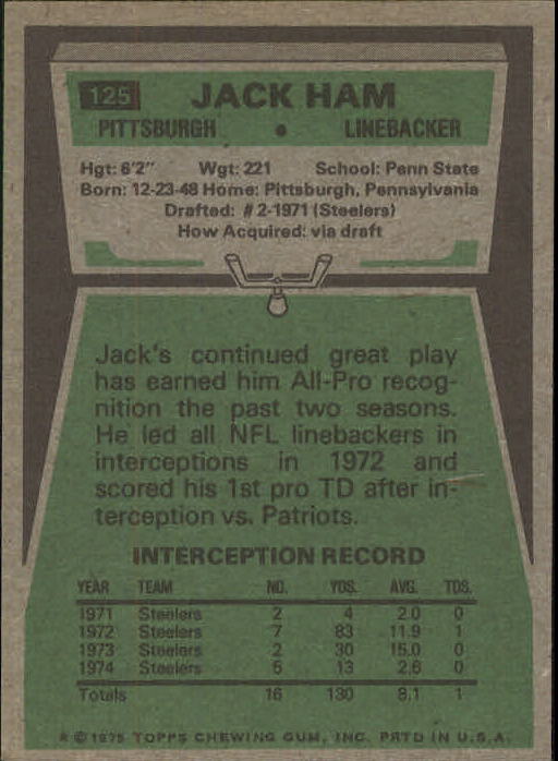 1975 Topps #125 Jack Ham back image