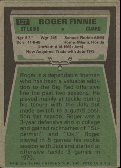 1975 Topps #127 Roger Finnie RC back image