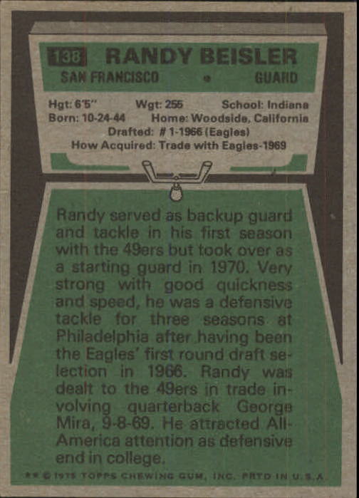 1975 Topps #138 Randy Beisler back image