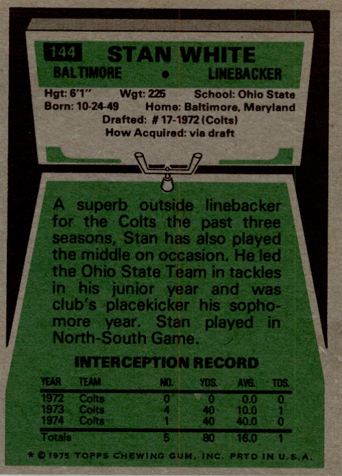 1975 Topps #144 Stan White RC back image