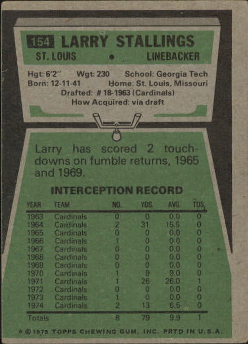 1975 Topps #154 Larry Stallings back image
