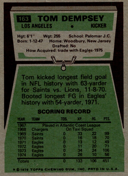 1975 Topps #163 Tom Dempsey back image